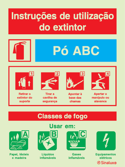 Sinal de instruções de utilização do extintor + agente extintor de Pó ABC