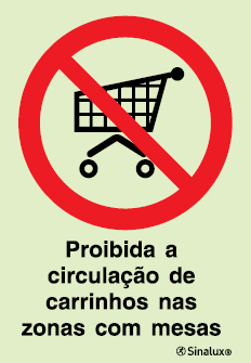 Sinal de proibição, proibida a circulação de carrinhos nas zonas com mesas