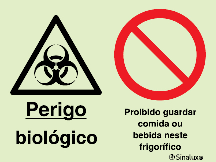 Sinal composto duplo, perigo biológico e proibido guardar comida ou bebida neste frigorífico