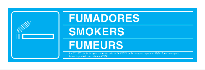 Sinal de zona de fumadores de acordo com Lei n.º 37/2007 de 14 de agosto alterada pelas Leis n.ºs 109/2015, de 26 de agosto, 63/2017, de 3 de agosto e DL n.º 9/2021, de 29 de janeiro