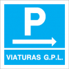 Sinal para parques de estacionamento, informação, Parque de viaturas de G.P.L. à direita
