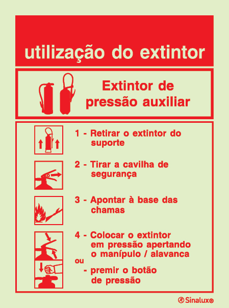 Sinal de instruções de utilização de extintor de pressão auxiliar