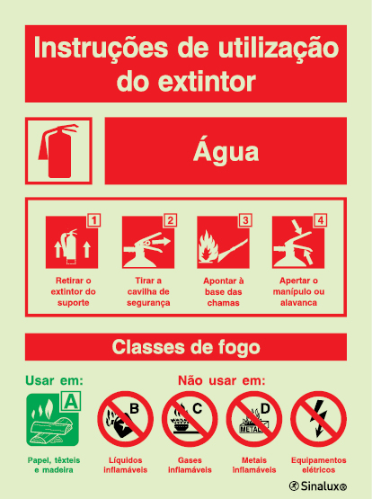 Sinal de instruções de utilização do extintor + agente extintor de água