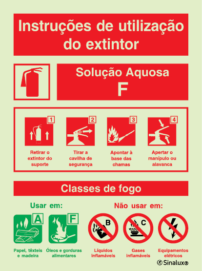 Sinal de instruções de utilização do extintor + agente extintor de solução aquosa F