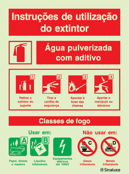 Sinal de instruções de utilização do extintor + agente extintor água pulverizada com aditivo