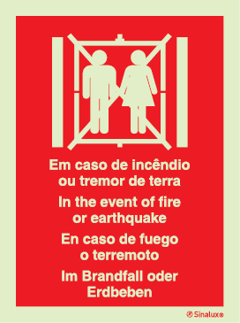 Sinal de em caso de incêndio ou tremor de terra não usar o elevador