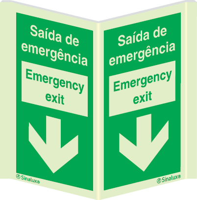 Sinal panorâmico de evacuação, saída de emergência | emergency exit com seta para baixo
