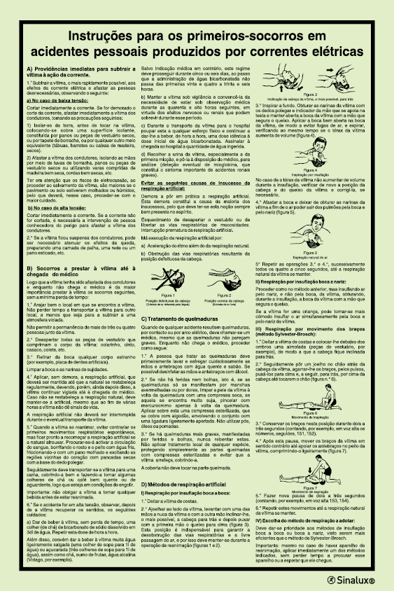 Sinal de instruções para os primeiros-socorros em acidentes pessoais produzidos por correntes elétricas