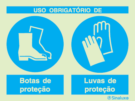 Sinal composto duplo, uso obrigatório de botas de proteção e luvas de proteção