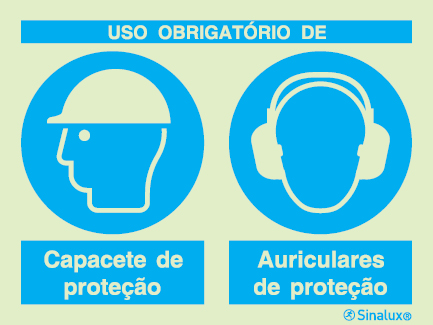 Sinal composto duplo, uso obrigatório de capacete de proteção e auriculares de proteção