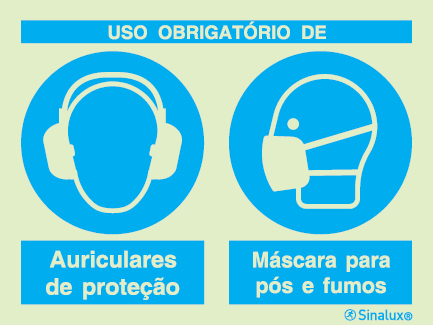 Sinal composto duplo, uso obrigatório de auriculares de proteção e máscara para pós e fumos