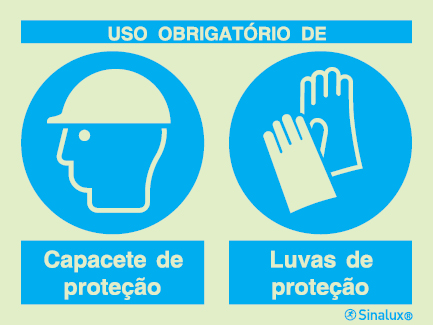 Sinal composto duplo, uso obrigatório de capacete de proteção e luvas de proteção