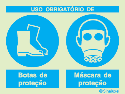 Sinal composto duplo, uso obrigatório de botas de proteção e máscara de proteção