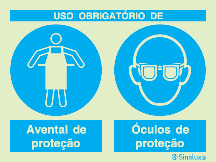 Sinal composto duplo, uso obrigatório de avental de proteção e óculos de proteção