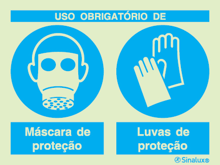 Sinal composto duplo, uso obrigatório de máscara de proteção e luvas de proteção