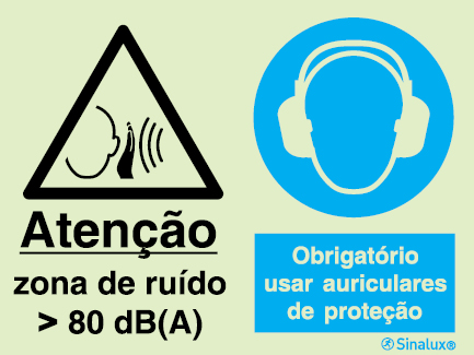 Sinal composto duplo, atenção zona com ruído >80 dB(A) e obrigatório usar auriculares de proteção