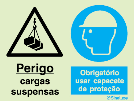 Sinal composto duplo, perigo cargas suspensas e obrigatório usar capacete de proteção