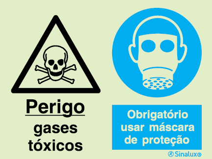 Sinal composto duplo, perigo gases tóxicos e obrigatório usar máscara de proteção