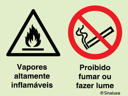 Sinal composto duplo, perigo vapores altamente inflamáveis e proibido fumar ou fazer lume