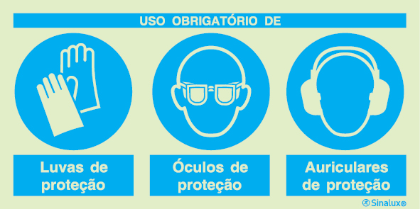 Sinal composto triplo, uso obrigatório de luvas de proteção, óculos de proteção e auriculares de proteção
