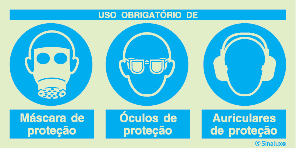 Sinal composto triplo, uso obrigatório de máscara de proteção, óculos de proteção e auriculares de proteção
