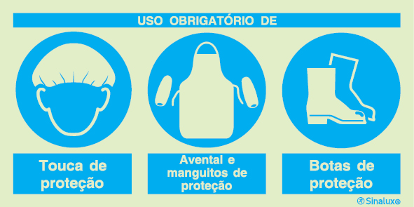 Sinal composto triplo, uso obrigatório de touca de proteção, avental e manguitos de proteção e botas de proteção