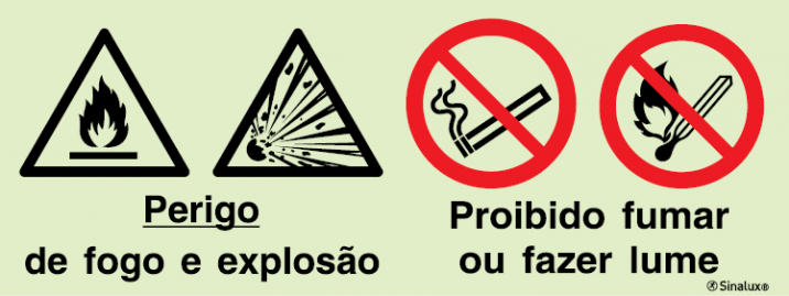 Sinal composto quádruplo, perigo de fogo e explosão e proibido fumar ou fazer lume