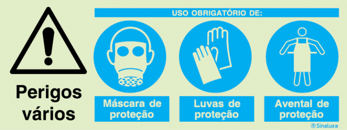 Sinal composto quádruplo, perigo produtos irritantes e uso obrigatório de máscara de proteção, luvas de proteção e avental de proteção