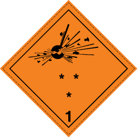Sinal para transporte de matérias perigosas, Materiais e objetos explosivos, divisões 1.1, 1.2 e 1.3