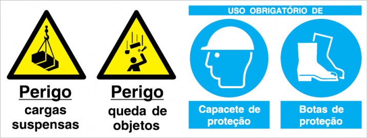 Sinal para estaleiros, Perigo de cargas suspensas e queda de objetos e obrigatório uso de capacete e botas em todo o estaleiro