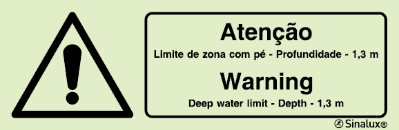 Sinal para parques aquáticos e piscinas, perigo, Limite de zona com pé - profundidade 1,3m | Deep water limit - Depth - 1,3m