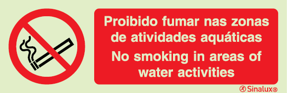 Sinal para parques aquáticos e piscinas, proibição, Proibido fumar nas zonas de atividade aquáticas | No smoking in areas of water activities