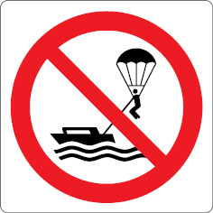 Sinal para parques aquáticos, piscinas e praias, proibição, proibida a prática de parapente