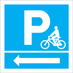 Sinal para ciclovias, informação, parque de bicicletas à esquerda