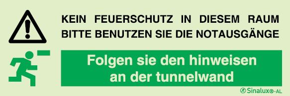 Sinal para túneis, nichos de segurança: não assegura proteção, dirigir para saída de emergência (alemão)