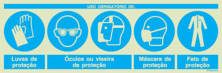 Sinal Risco Covid-19, Compostos, Origatório uso de Luvas de proteção, Óculos ou viseira de proteção, Máscara de proteção e Fato de proteção