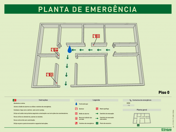 Planta de emergência 3D horizontal de piso, com legendas e instruções gerais de segurança (horizontais) em português, inglês e francês