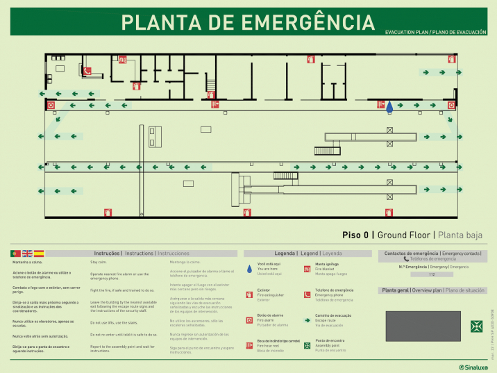 Planta de emergência horizontal de piso, com legendas e instruções gerais de segurança (horizontais) em português, inglês e alemão