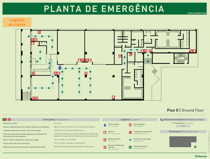 Planta de emergência horizontal de piso, com legendas e instruções gerais de segurança (horizontais) em português e inglês