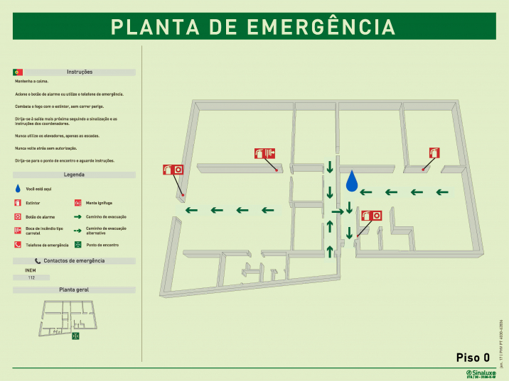 Planta de emergência 3D horizontal de piso, com legendas e instruções gerais de segurança (verticais) em português, inglês e espanhol