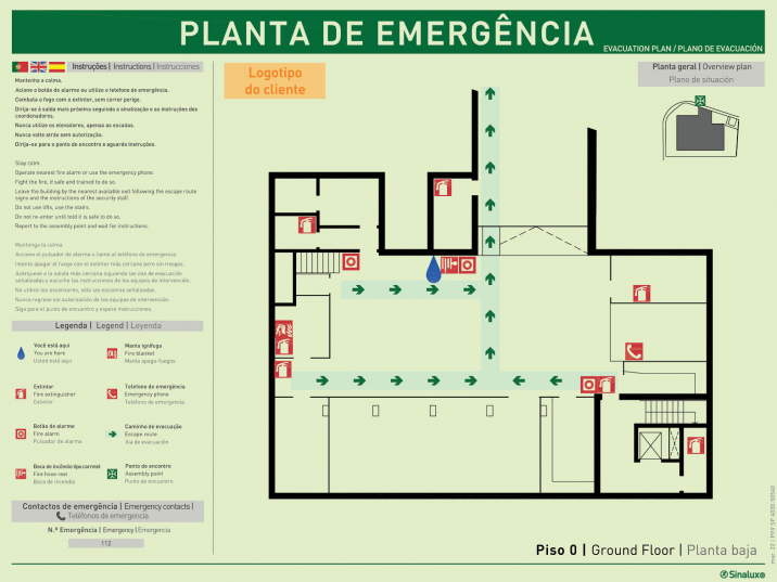 Planta de emergência horizontal de piso, com legendas e instruções gerais de segurança (verticais) em português, inglês e francês
