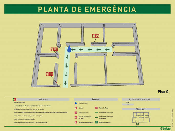 Planta de emergência 3D vertical de piso, com legenda e instruções gerais de segurança (verticais) em português