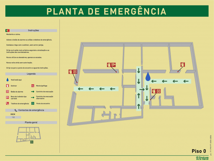 Planta de emergência 3D vertical de piso, com legenda e instruções gerais de segurança (horizontais) em português
