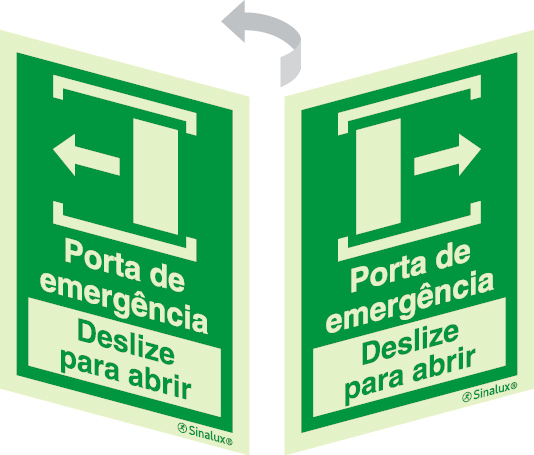 Sinal 2 faces para portas de vidro, Porta de emergência, deslize para a esquerda para abrir e Porta de emergência, deslize para a direita para abri