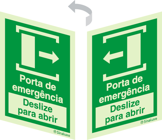 Sinal 2 faces para portas de vidro, Porta de emergência, deslize para a direita para abrir e Porta de emergência, deslize para a esquerda para abri