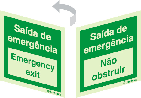 Sinal 2 faces para portas de vidro, Saída de emergência | emergency exit e Saída de emergência, não obstruir