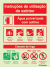 Sinal de instruções de utilização do extintor + agente extintor de água pulverizada com aditivo