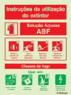 Sinal de instruções de utilização do extintor + agente extintor de solução aquosa ABF