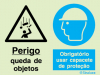 Sinal composto duplo, perigo queda de objetos e obrigatório usar capacete de proteção