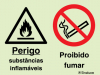 Sinal composto duplo, perigo substâncias inflamáveis e proibido fumar